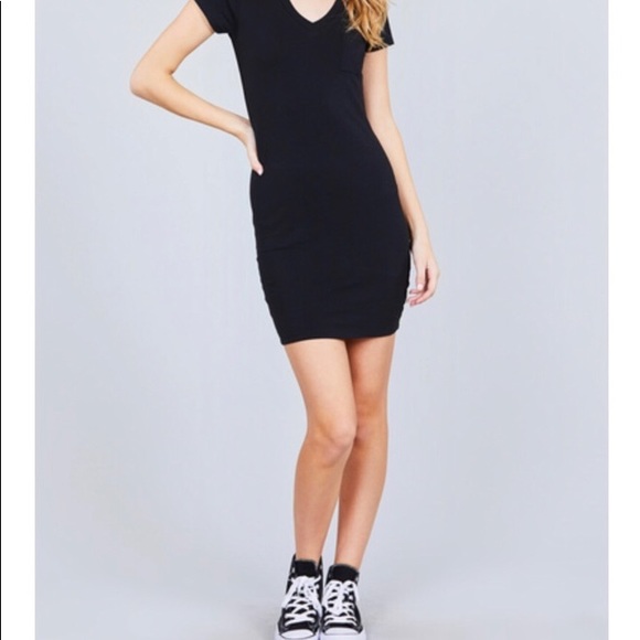Black V Neck Fitted Tee Shirt Dress